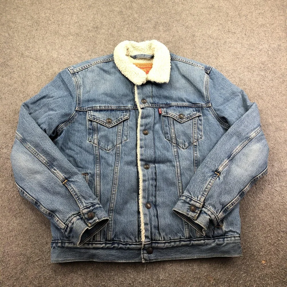 Levi's Jacket Mens Medium Blue Denim Sherpa Lined Trucker Button Winter Coat